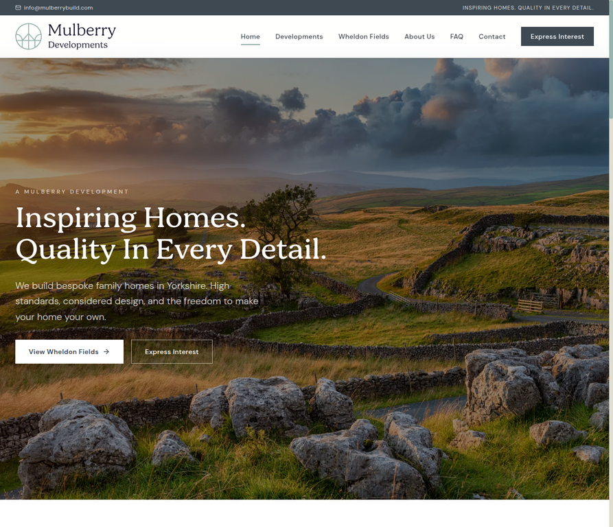 Mulberry Developments homepage showing a Yorkshire landscape